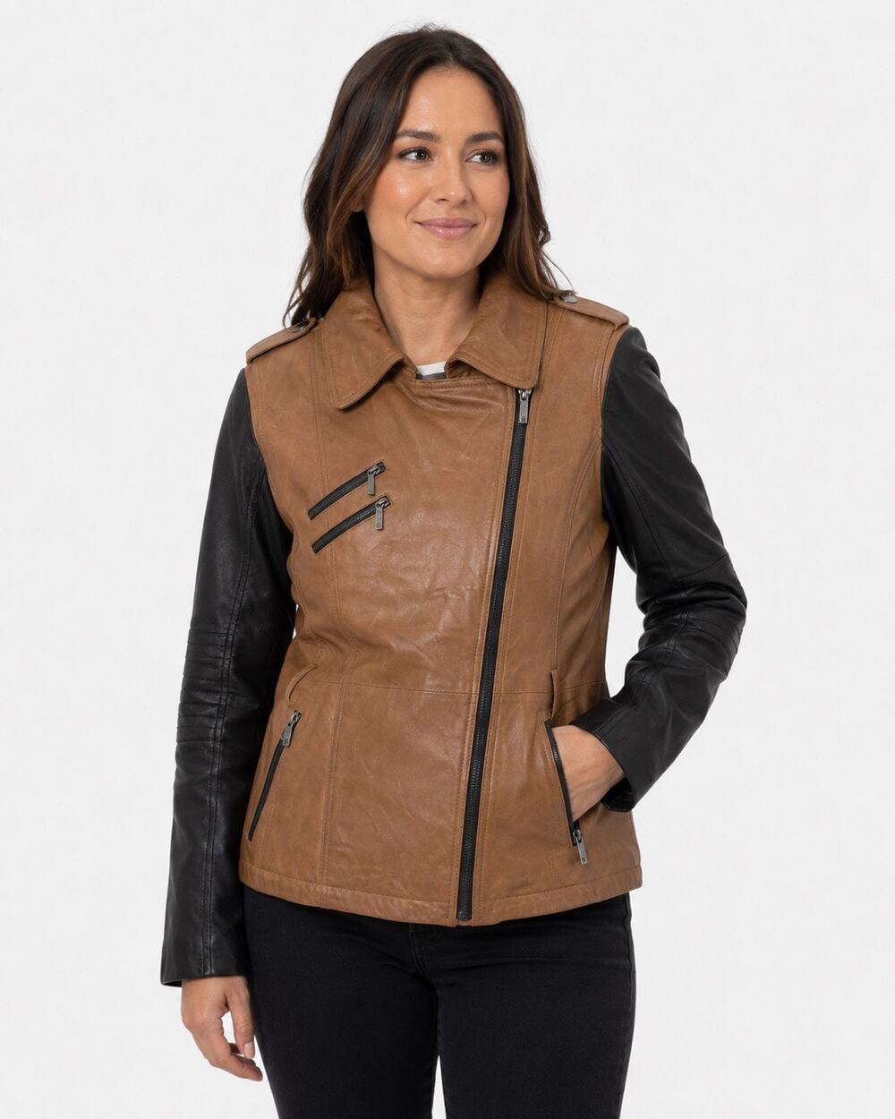 Laundry by Shelli Segal Leather Moto Jacket Size L Brown Black